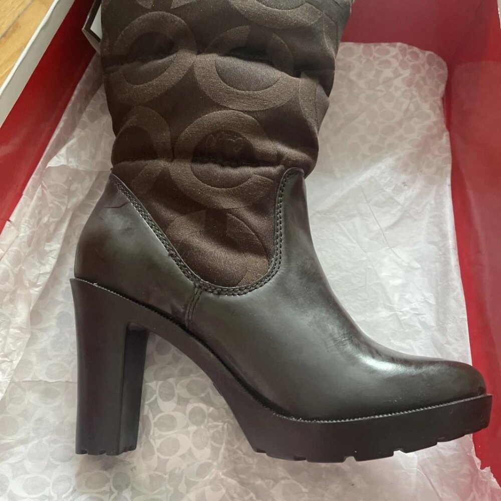 COACH Loryn Rain Boots Quilted High Heel Brown Logo Fabric SZ 5 1/2 - in box - Picture 5 of 14